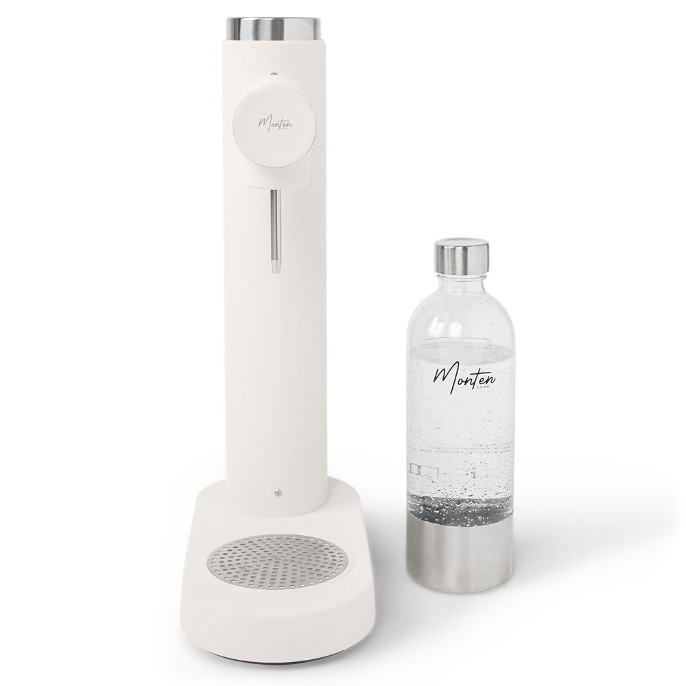 MonTen Soda Sparkling Water Maker - Matte White Carbonated Water Machine - Includes 900ML Bottle - Made with Premium Stainless Steel - Compatible with Screw-In Sodastream & Soda Sense CO2 Cylinders