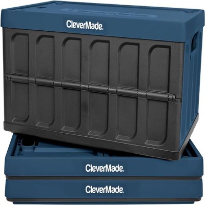 CleverMade Collapsible Storage Bins with Lids - Ocean 3 Pack 62L - Plastic Containers Stackable Organization Crates Home Closet Space-Saving Durable