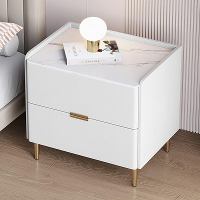 Bed end Table, Modern Rock Slab Nightstand with Drawer Storage, Bedside Desk Cabinet, Solid Wood Bedside Table, Small Bedroom Furniture, Microfiber Leather Appearance (Color : A White, Size : 35x40