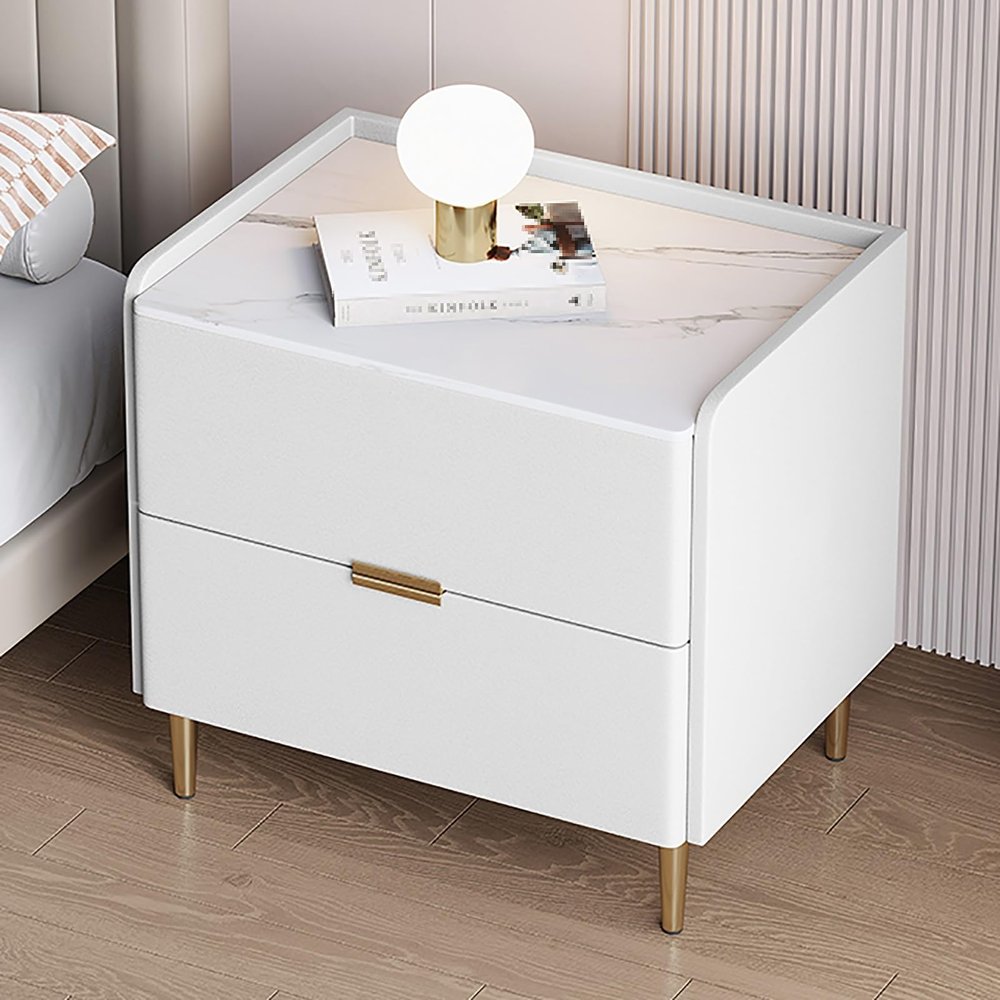 Bed end Table, Modern Rock Slab Nightstand with Drawer Storage, Bedside Desk Cabinet, Solid Wood Bedside Table, Small Bedroom Furniture, Microfiber Leather Appearance (Color : A White, Size : 35x40