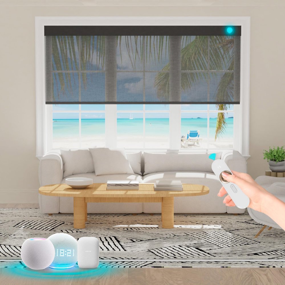 Blindify Motorized Solar Blinds with Remote Smart Light Filtering Shades Work with Homekit Alexa Auto Transparent Sight Sun Shades Waterproof 5% Openness Customize(60% Blackout Deep Grey)