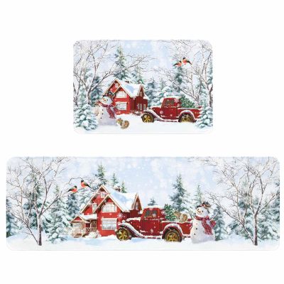 Chucoco Farm Christmas Kitchen Floor Mats, Red Barn House Truck with Snowman 2 PCS Anti Fatigue Area Runner Rugs Set Winter Forest Non-Slip Bathroom Comfort Standing Mat Home Decor