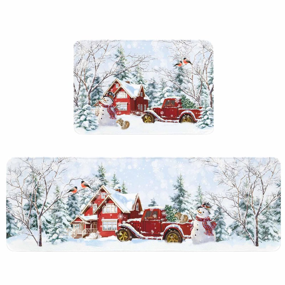 Chucoco Farm Christmas Kitchen Floor Mats, Red Barn House Truck with Snowman 2 PCS Anti Fatigue Area Runner Rugs Set Winter Forest Non-Slip Bathroom Comfort Standing Mat Home Decor