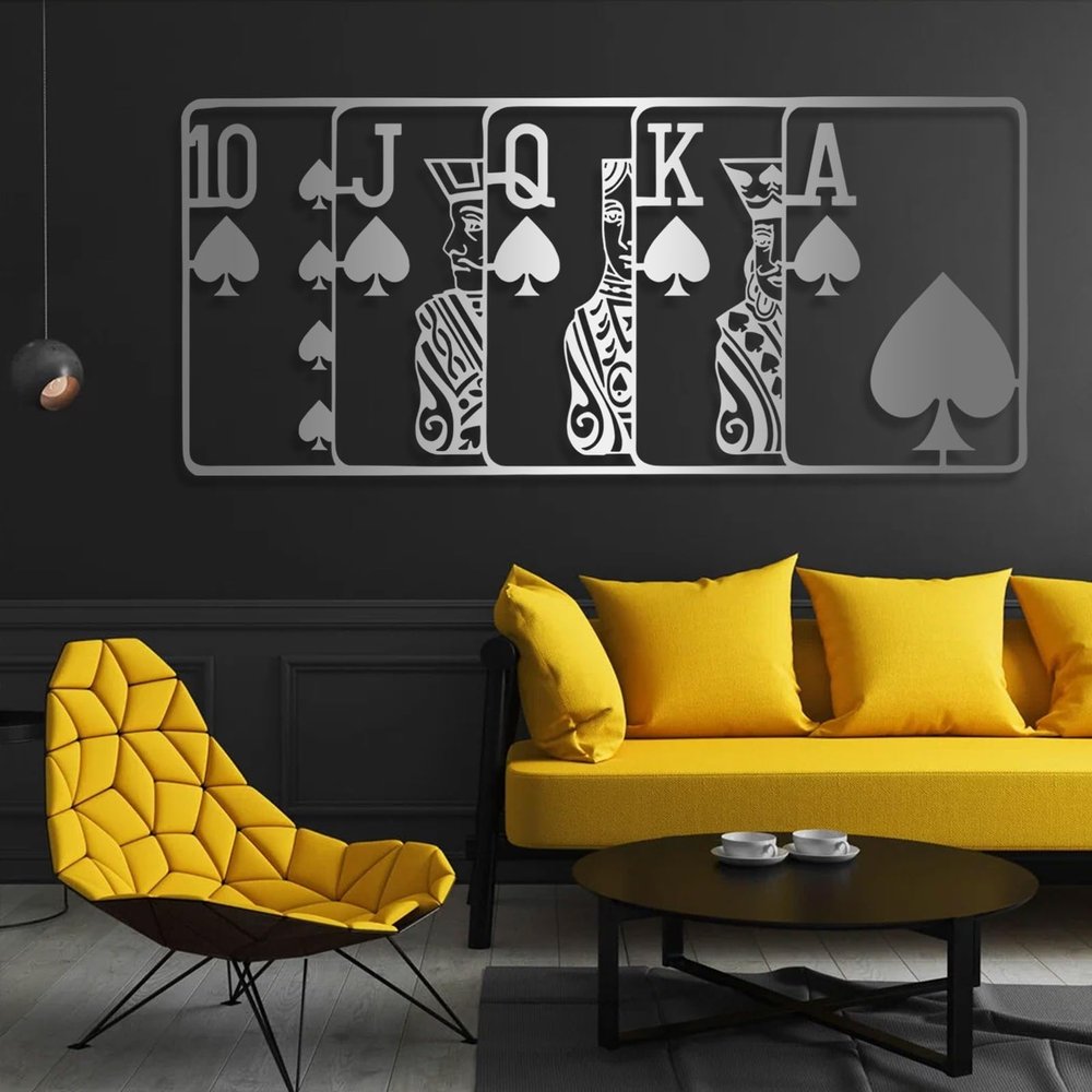 Royal Flush Metal Wall Art, Poker Wall Art, Playing Cards Metal Wall Art, Metal Wall Decor, Geometric Wall Art, Different Wall Decor, Living Room Decor, Game Room Decor, Gift For Gamer (51"x23" | 130x58cm, Silver)