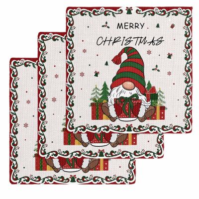 Gnomes Waffle Kitchen Dish Towels Set of 3,Super Absorbent & Quick Dry Hair Hand Bath Tea Golf Microfiber Towel,Yoga Gym Sweat Workout Towel Washcloth,Christmas Tree Gift Snowflake Red Green 12"x12"