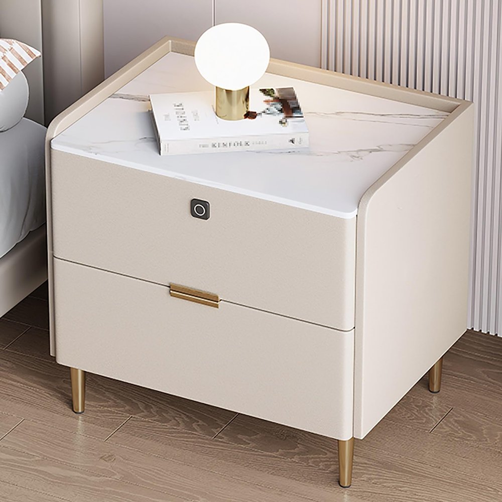 Bed end Table, Modern Rock Slab Nightstand with Drawer Storage, Bedside Desk Cabinet, Solid Wood Bedside Table, Small Bedroom Furniture, Microfiber Leather Appearance (Color : B Off white, Size : 4