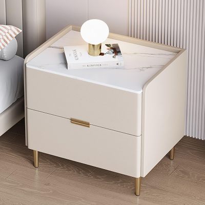 Bed end Table, Modern Rock Slab Nightstand with Drawer Storage, Bedside Desk Cabinet, Solid Wood Bedside Table, Small Bedroom Furniture, Microfiber Leather Appearance (Color : A Off white, Size : 5