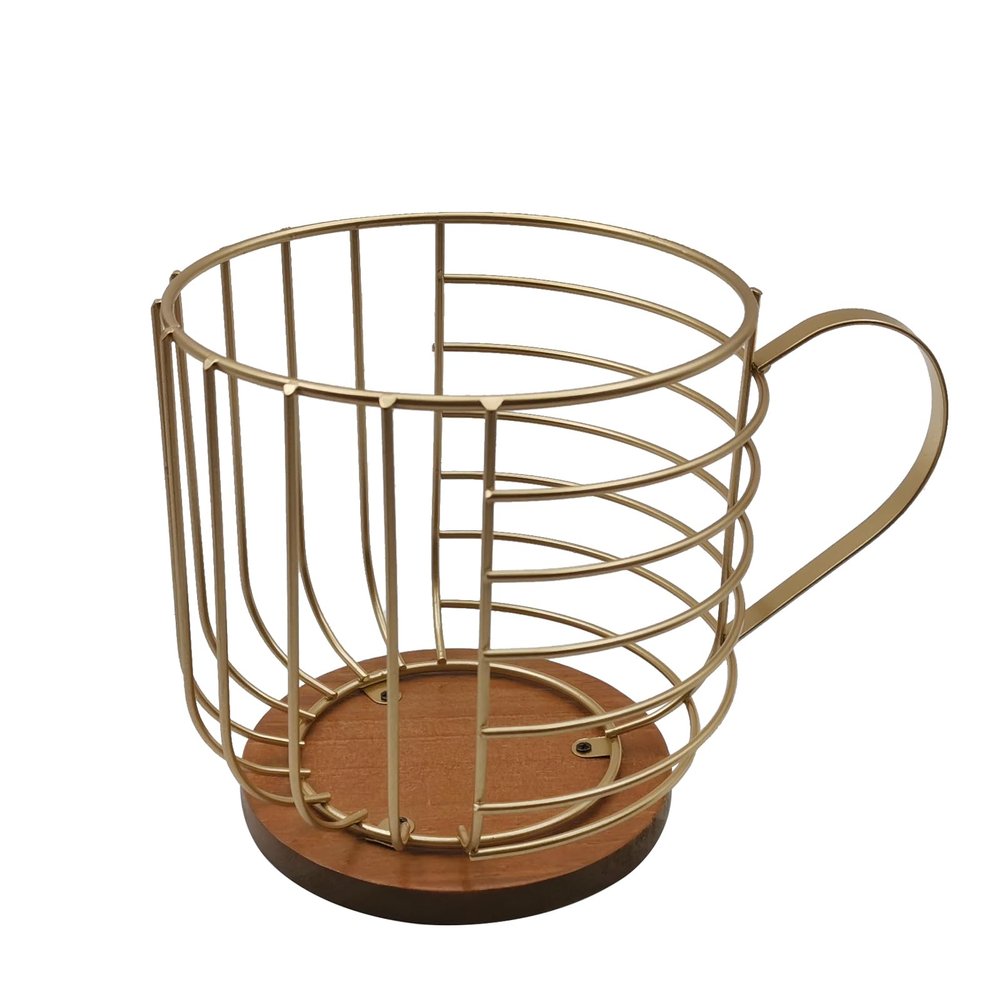 MFBJXC Large Capacity Wire Kup Storage with Wooden Base, Mug Shape Wire Storage Basket for Home Cafe Bar Countertop Kitchen Decor Storage Accessories Gold