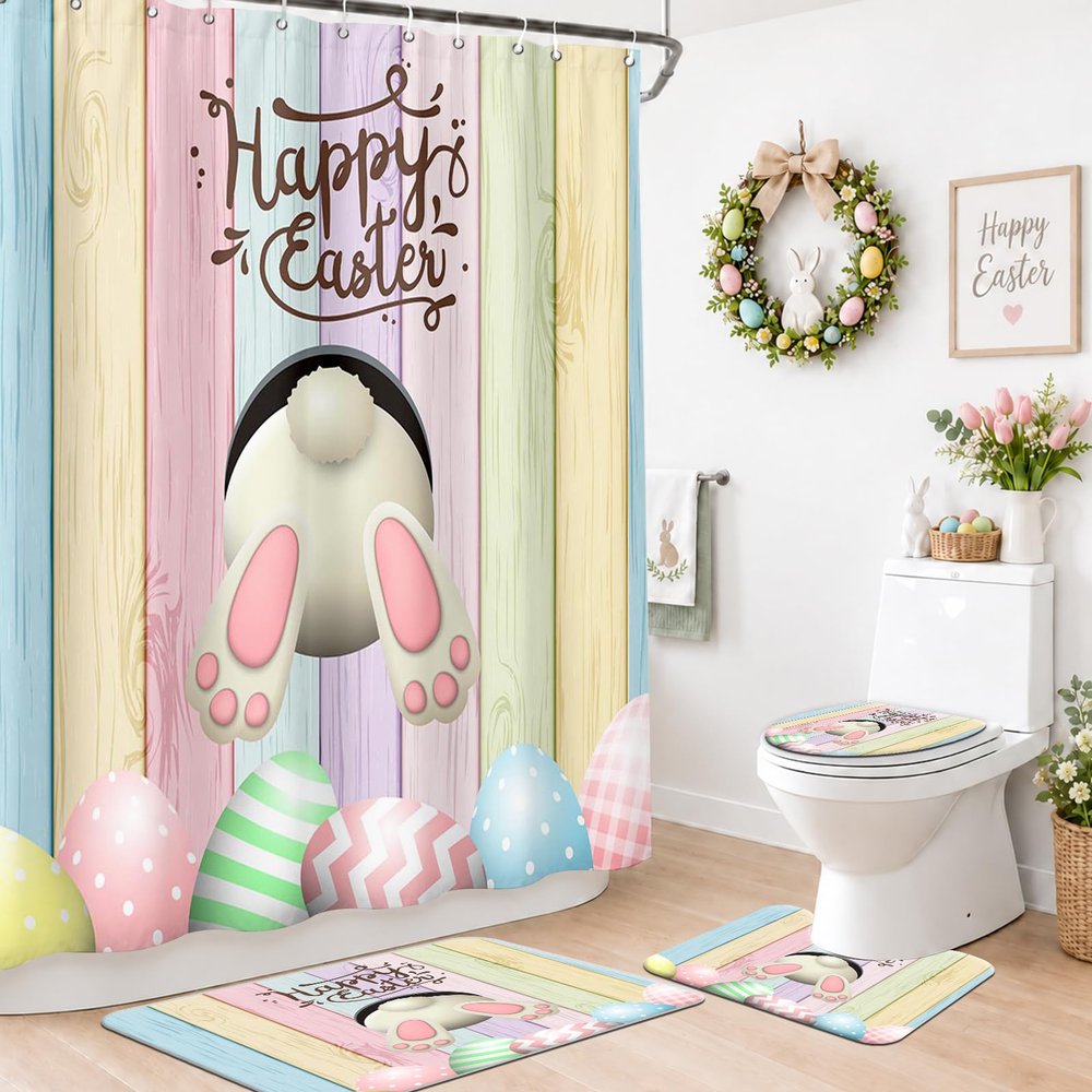 MEHOFOND 4pcs Easter Shower Curtain Sets with Non-Slip Rugs Toilet Lid Cover and Bath Mat Bunny Easter Bathroom Curtain Decor Set with 12 Hooks Waterproof Shower Curtain Set for Bathroom