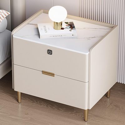 Bed end Table, Modern Rock Slab Nightstand with Drawer Storage, Bedside Desk Cabinet, Solid Wood Bedside Table, Small Bedroom Furniture, Microfiber Leather Appearance (Color : B Off white, Size : 3
