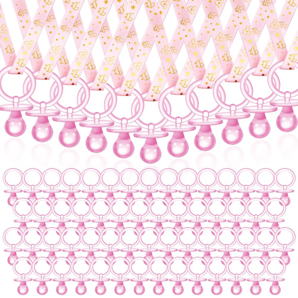 Angela&Alex 100 Pcs Gender Reveal Party Necklace Charms, Pink Pacifier-Shaped Acrylic Shower Decorations for Adults