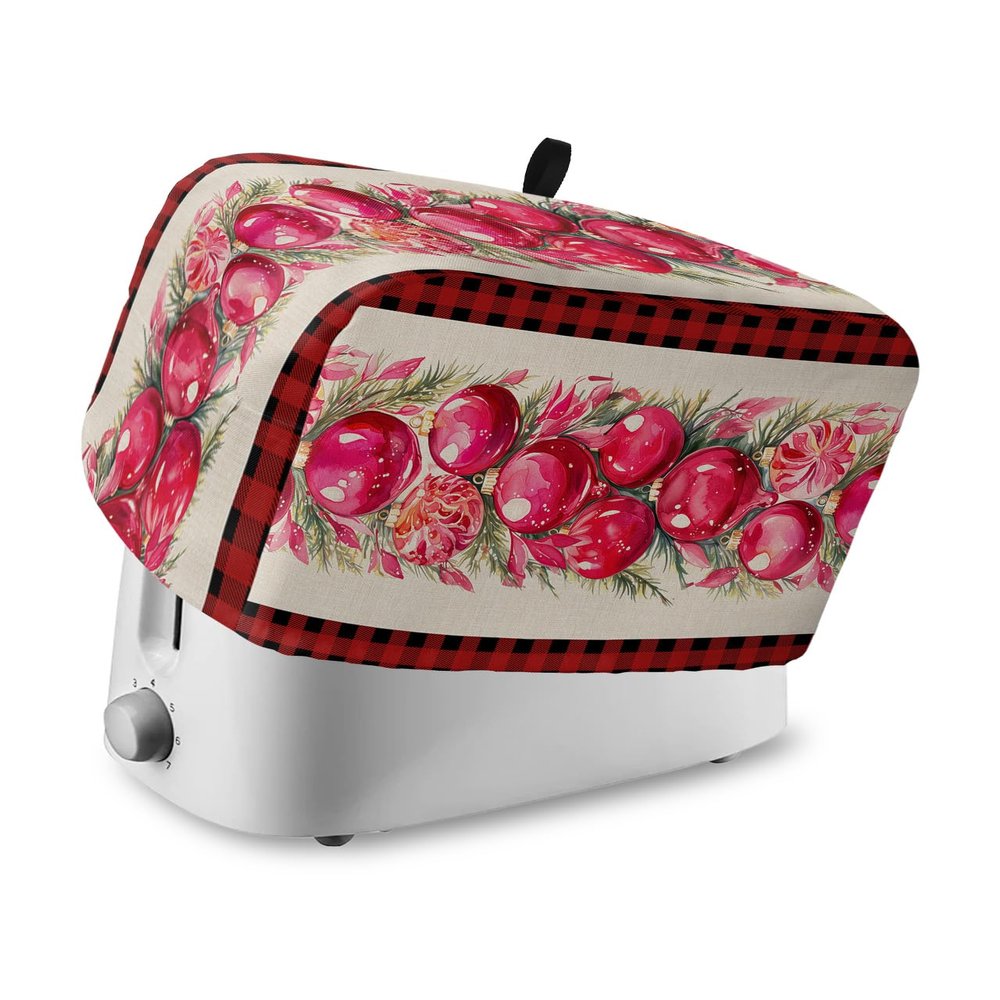 Christmas Toaster Cover 4 Slice, Xmas Light Balls Poinsettia Red Buffalo Plaid Bread Maker Cover Toaster Dust Cover with Pockets, Dust-Proof Cover for Kitchen Small Appliance 12x11x8in