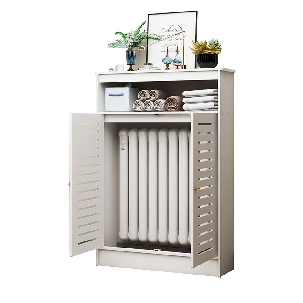 White Radiator Cover Louvered Grill Shelf Cabinet, Living Room Heating Decorative Storage Organizer, Bathroom Floor Cabinet With 2 Doors and Modern Vertical Slats
