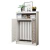 White Radiator Cover Louvered Grill Shelf Cabinet, Living Room Heating Decorative Storage Organizer, Bathroom Floor Cabinet With 2 Doors and Modern Vertical Slats view 1