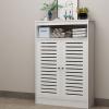 White Radiator Cover Louvered Grill Shelf Cabinet, Living Room Heating Decorative Storage Organizer, Bathroom Floor Cabinet With 2 Doors and Modern Vertical Slats view 2