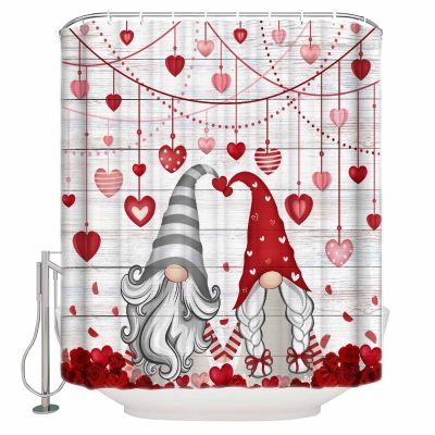 Valentine's Day Shower Curtain for Bathroom 72" x 72", Red Love Heart Roses Gnome Wooden Boards Shower Curtain with Hooks Polyester Waterproof Home Bathtub Decor