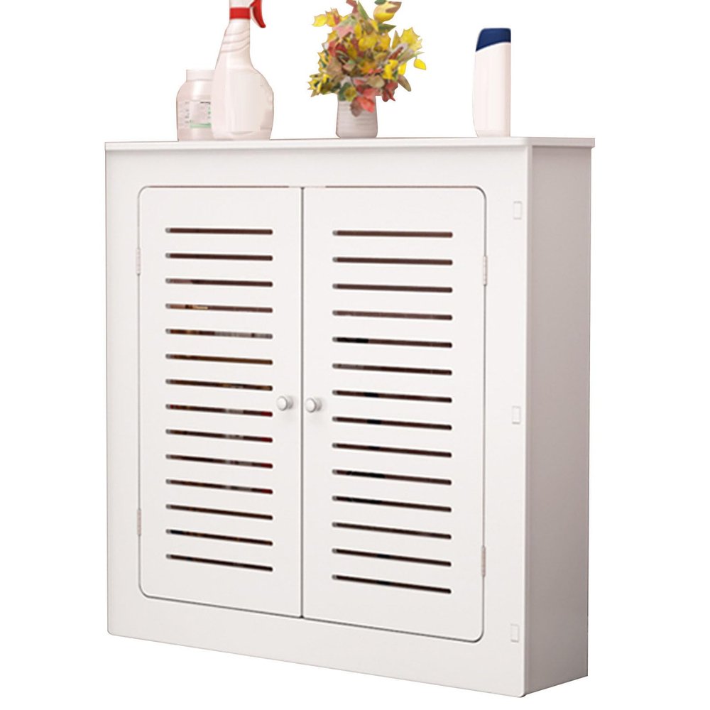 White Modern Radiator Cover Heating Storage Shelf Organizer, Bathroom Floor Cabinet with 2 Doors and Modern Vertical Grill Slats, Wood Heating Cover Cabinet for Living Room
