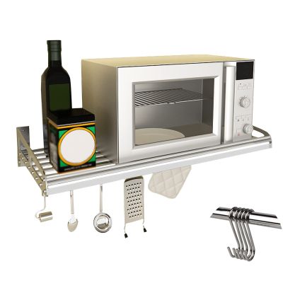 304 Stainless Steel Wall-Mounted Microwave Oven Rack, Multifunctional Storage For Oven, Spices, Tableware,with 5 Hooks,Storage Shelf Organizer For Kitchen Bathroom Rack,60x30cm,60x35cm Microwave oven