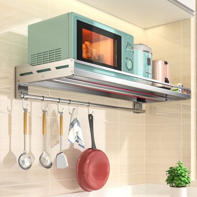 Wall Mount Stainless Steel Shelf Brackets,Spice Jar Rack Oven Holder, Hanging Pot Pan Rack Oven Stand Storage Organizer With 5 Hooks,Kitchen Storage Organiser Cabinet, Silver Microwave oven racks ( Co