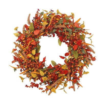 Autumn Wreath, Fall Wreath, Red Berry Wreath, Fall Wreaths Indoor, Thanks Giving Wreaths with White Red Berries, Leaves for Christmas, Thanksgiving and Harvest Celebration Decor 14inchberrywreath