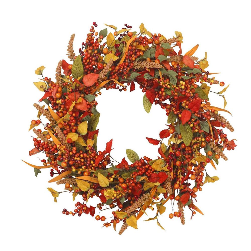 Autumn Wreath, Fall Wreath, Red Berry Wreath, Fall Wreaths Indoor, Thanks Giving Wreaths with White Red Berries, Leaves for Christmas, Thanksgiving and Harvest Celebration Decor 14inchberrywreath