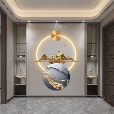 3D Metal Wall Art Decor with LED lighting Metal Wall Art Decorations Elk Natural Scenery Hanging Dimensional Hanging Iron Wall Sculptures Office Home Decorations ( Color : C , Size : 60*85CM/24*34" )