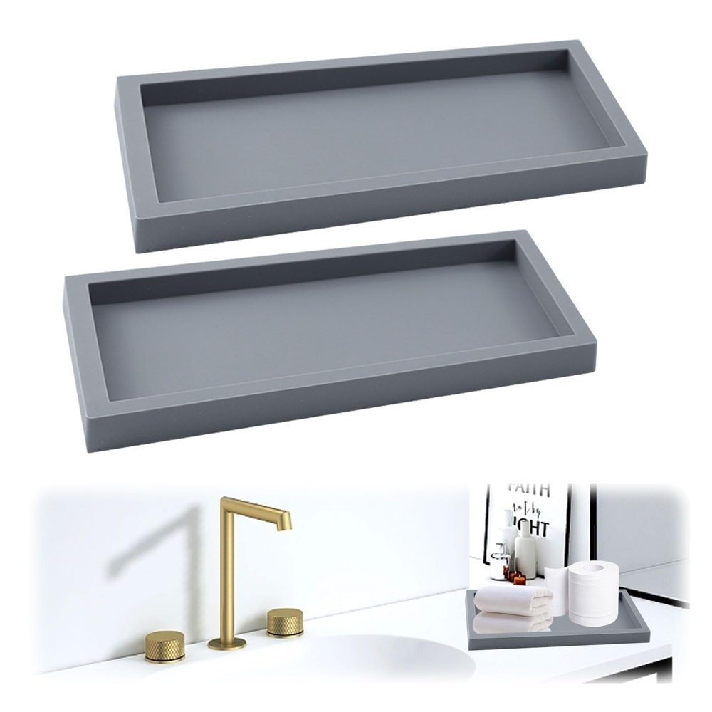 2Pcs Bathroom Tray, Modern Bathtub Vanity Tray Toilet Tank Topper Paper Storage Decorative Organizer Box Silicone Kitchen Soap Holder for Counter Decor Dresser Tops (Grey, Large)