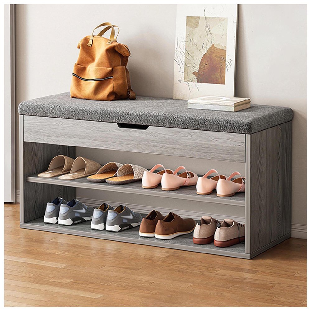 2-Tier Shoe Racks for Entryway, Door Shoe Rack Bench with Flip Top Storage Space and Seat, Shoe Cabinet for Closet, Modern Shoe Organizer Furniture