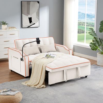 Quarte Modern Sofa Couch, Velvet Pull-Out Bed with Adjustable Back, Versatile Foldable Sofa Bed with USB Port and Ashtray and Swivel Phone Stand for Small Living Room (Beige+USB*Velvet)