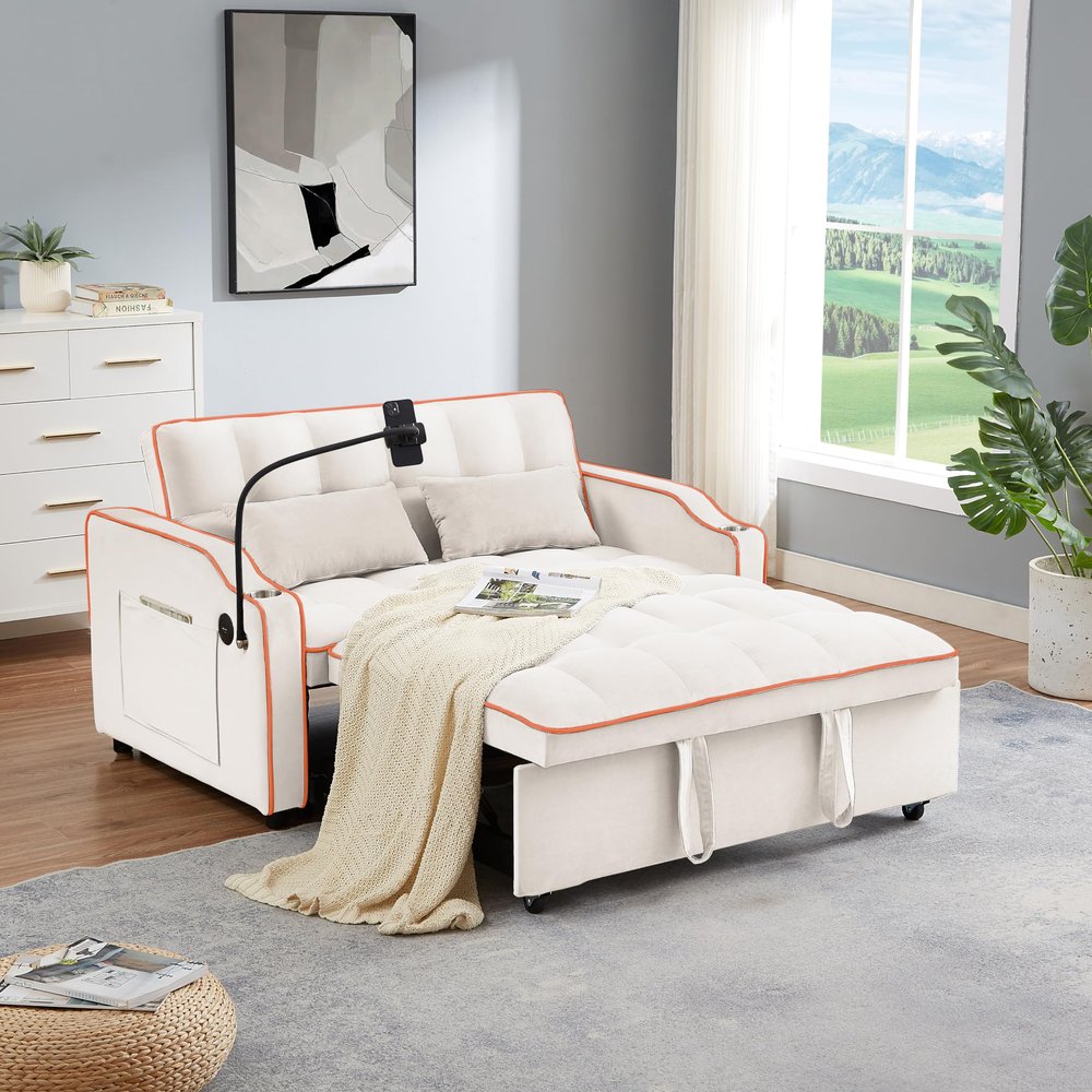 Quarte Modern Sofa Couch, Velvet Pull-Out Bed with Adjustable Back, Versatile Foldable Sofa Bed with USB Port and Ashtray and Swivel Phone Stand for Small Living Room (Beige+USB*Velvet)