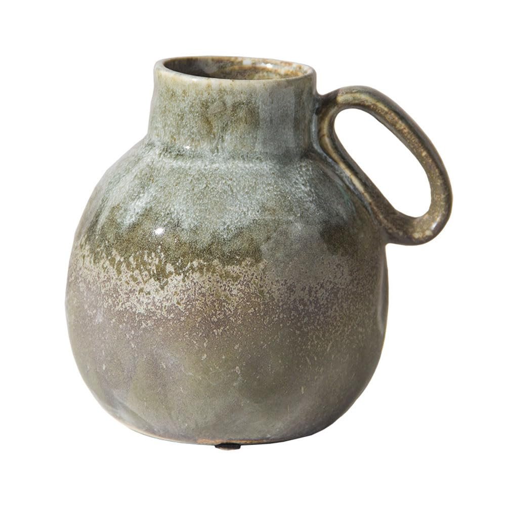Lllunimon Rustic Farmhouse Ceramic Vase with Handle, Pottery Decorative Flower Vase for Home Decor, Minimalism Boho Home Decor