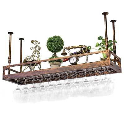 ANram Wine Rack Wine Rack, Rustic Iron Hanging Wine Glass Rack Adjustable Height,Ceiling Wine Rack Multifunctional Decoration Storage Shelves for Kitchen Bar Restaurant,Bronze,60x35cm