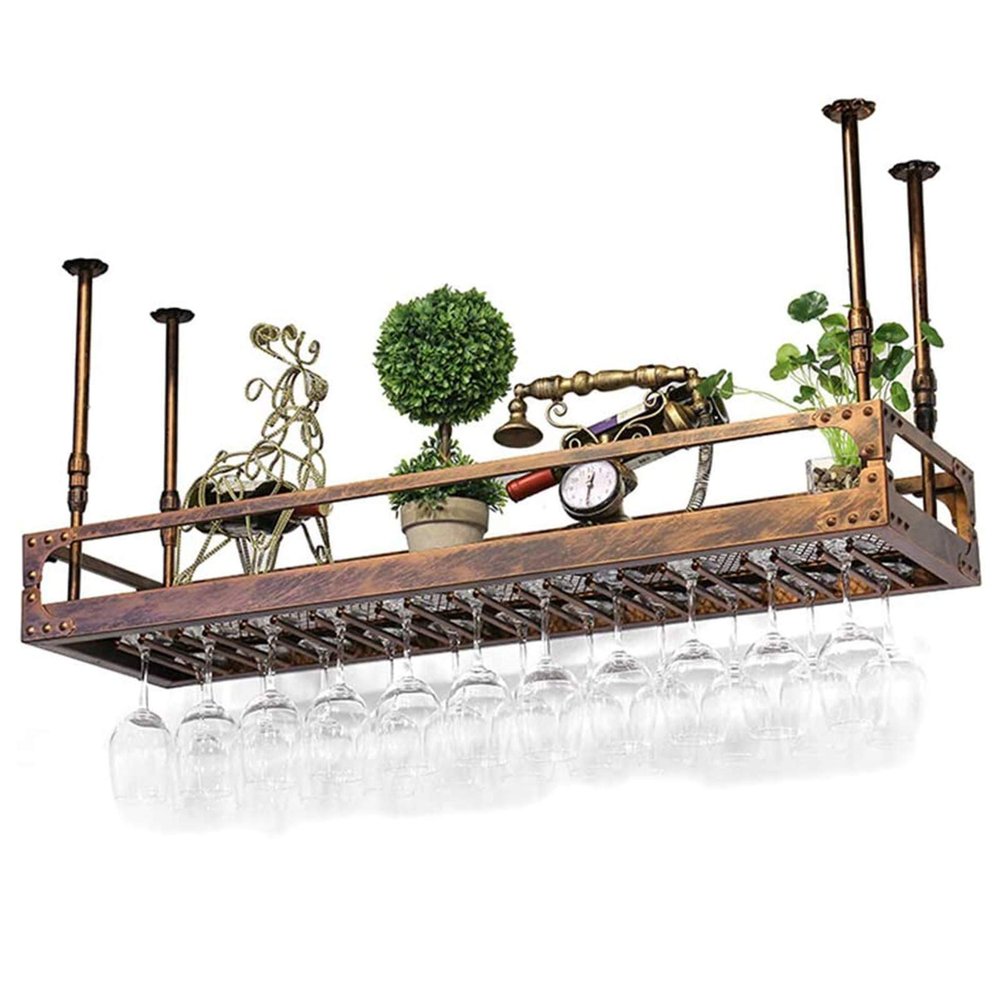 ANram Wine Rack Wine Rack, Rustic Iron Hanging Wine Glass Rack Adjustable Height,Ceiling Wine Rack Multifunctional Decoration Storage Shelves for Kitchen Bar Restaurant,Bronze,60x35cm