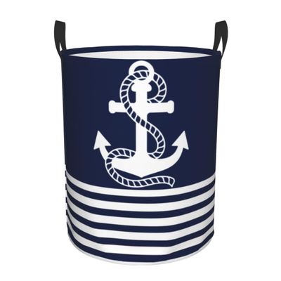 Large Laundry Hamper, Nautical Navy Blue White Stripes and Anchor Laundry Basket Collapsible & Waterproof Storage Basket for College Dorm, Family Essentials