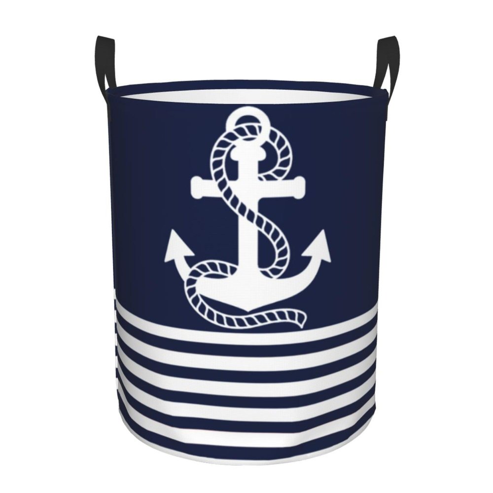 Large Laundry Hamper, Nautical Navy Blue White Stripes and Anchor Laundry Basket Collapsible & Waterproof Storage Basket for College Dorm, Family Essentials