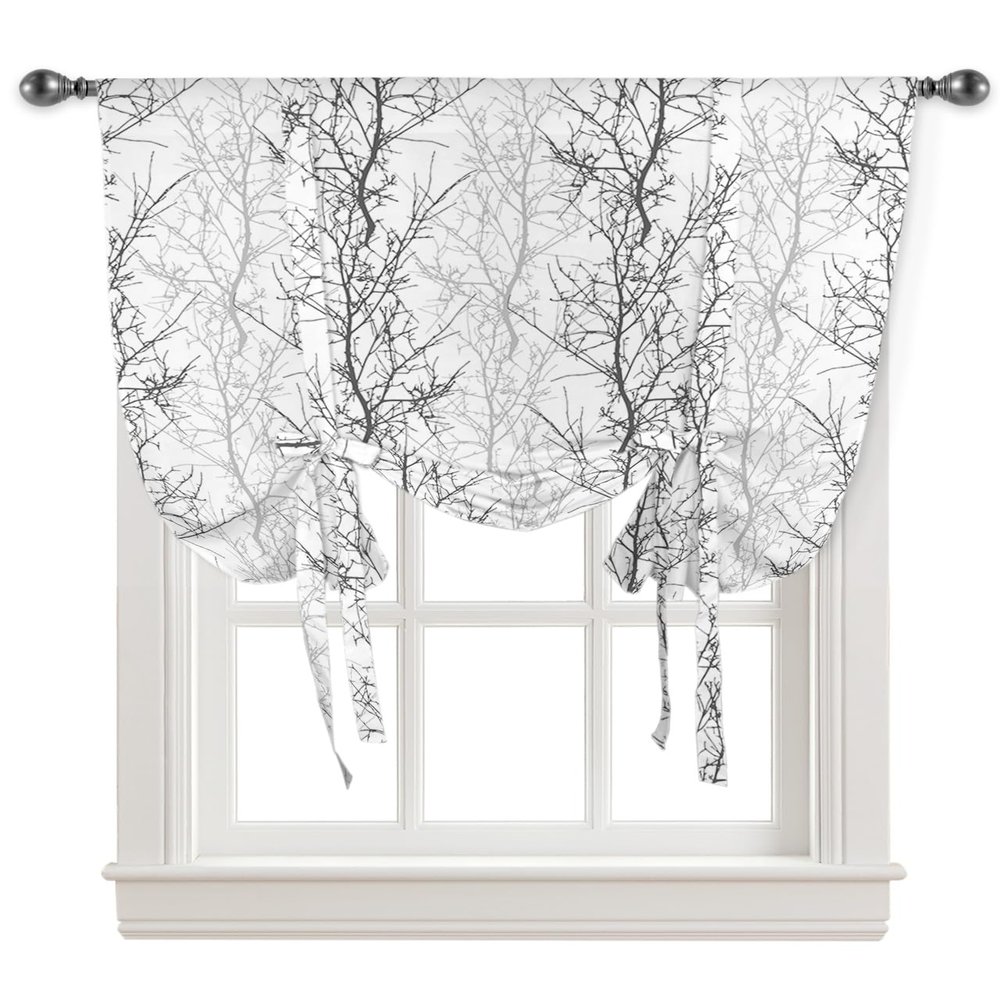 Tie Up Curtains Window Shades, Grey Tree Branch Rod Pocket Tie Up Window Shade, Adjustable Balloon Curtain Shade for Blinds Kitchen Bathroom, 1 Panel, 34"x45"