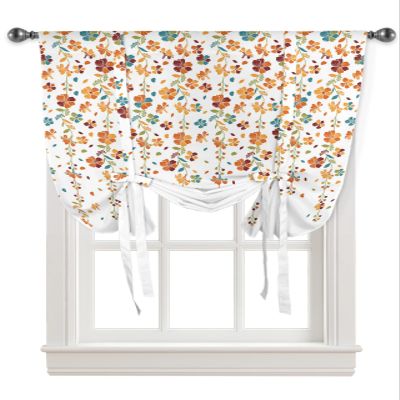 Yukro Tie Up Curtains Window Shades, Flower Orange Blue Cherry Blossoms White Background Rod Pocket Tie Up Window Shade, Adjustable Balloon Curtain Shade for Blinds Kitchen Bathroom, 1 Panel, 46"x63"