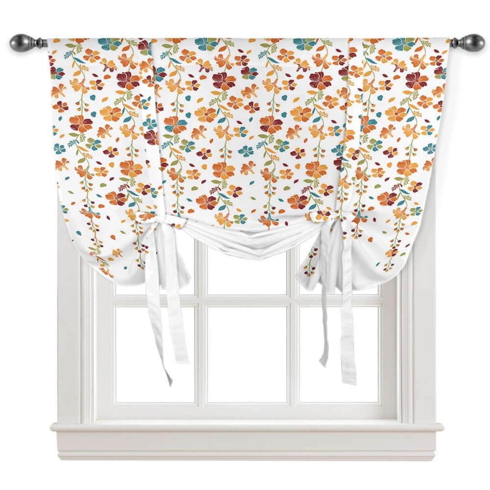 Yukro Tie Up Curtains Window Shades, Flower Orange Blue Cherry Blossoms White Background Rod Pocket Tie Up Window Shade, Adjustable Balloon Curtain Shade for Blinds Kitchen Bathroom, 1 Panel, 46"x63"