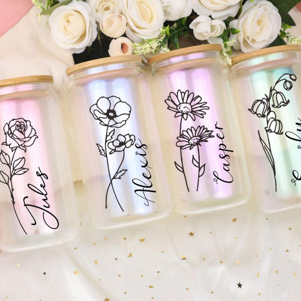 Personalized Name Birth Flower Glass Cup, 16oz Can Shaped Cups with Lid And Straw, Drinking Beer Glass Iced Coffee Cute Tumbler Cup Christmas, Birthday Valentines Day for Women (Special Person)