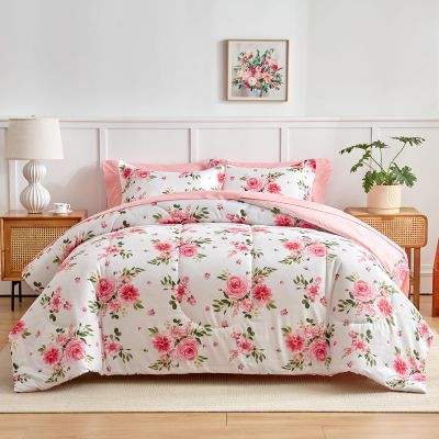 Flower Comforter Sheet Set White Bed in a Bag 7 Pieces Cal King Size Dark Pink Floral Bedding Set (1 California King Comforter 2 Pillow Shams 1 White Flat Sheet 1 Fitted Sheet 2 Pillowcases)