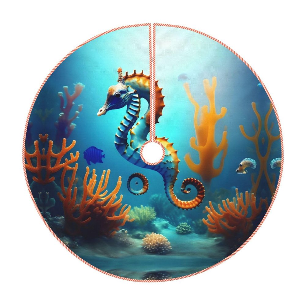 Exquisite Christmas Tree Skirt Festive Holiday Decor for Xmas Tree Durable and Decorative Mat Seabed Coral Seahorse