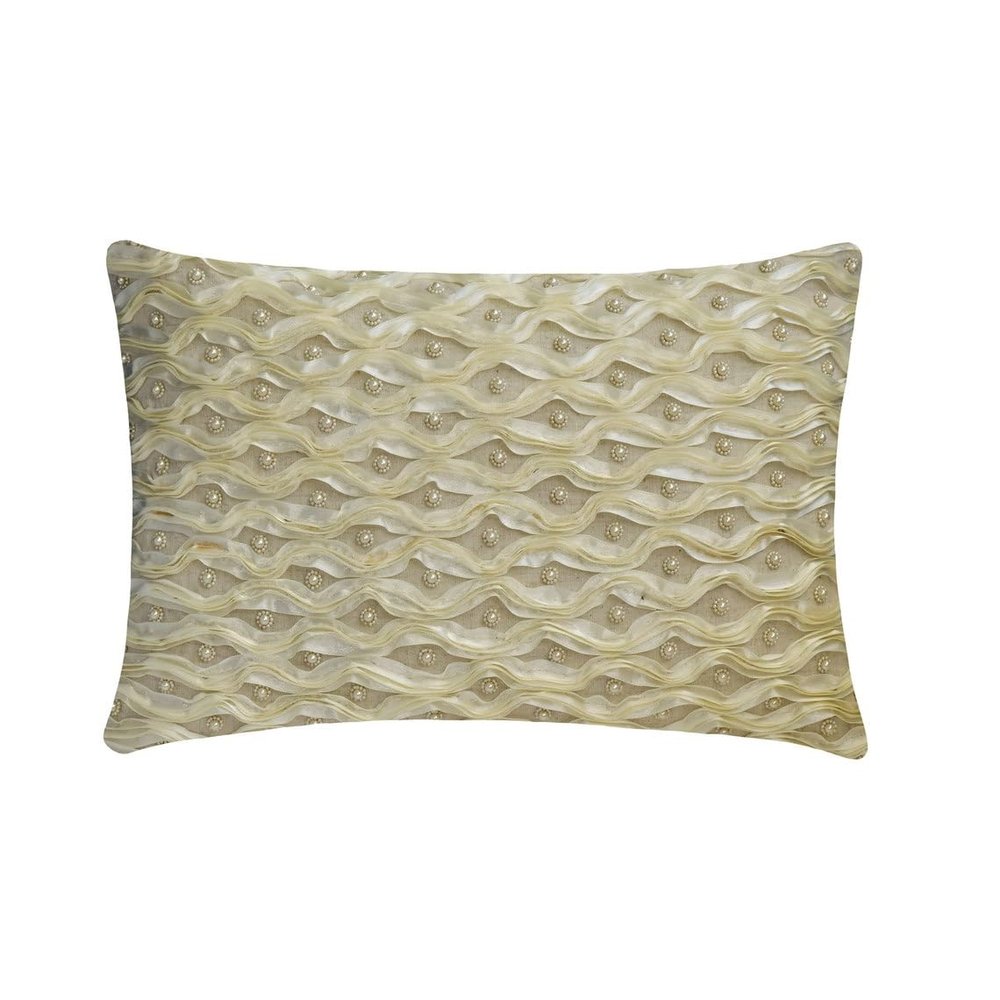 The HomeCentric Decorative Lumbar Pillow Cover Ivory 12"x18" (30x45 cm) Linen Pearl, Ribbon, Hand Embroidery Oblong Pillow Cover, Abstract Modern Style - Ivory Ripple