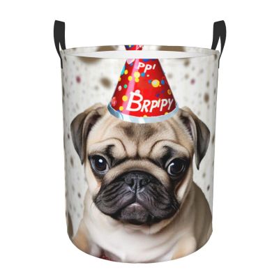 Cute Happy Birthday Pug Puppy print Laundry Basket Waterproof Laundry Hamper with Handle Collapsible Organizer Basket Circular portable Storage Bin for Kitchen Living Room Bathroom Closet Car