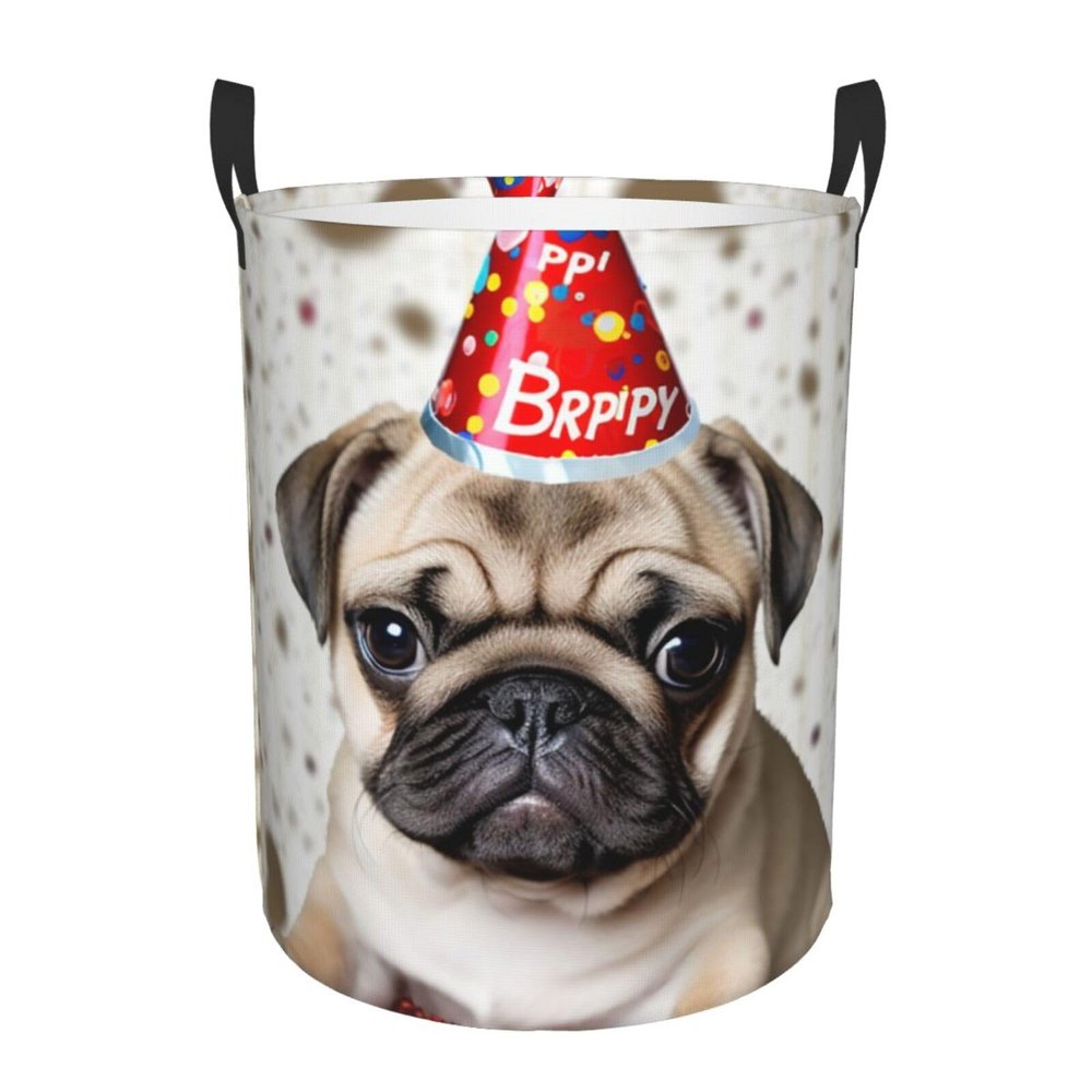Cute Happy Birthday Pug Puppy print Laundry Basket Waterproof Laundry Hamper with Handle Collapsible Organizer Basket Circular portable Storage Bin for Kitchen Living Room Bathroom Closet Car