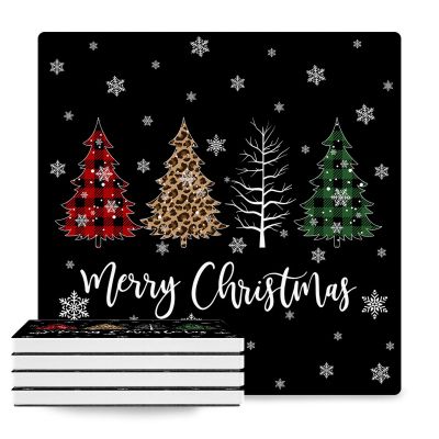 Coasters Set of 4 Ceramic Stone Coasters Drink Coasters - Christmas Leopard Xmas Tree Snowflakes Black Absorbent Non Slip Decorative Coasters for Dining Table Bar Kitchen Table