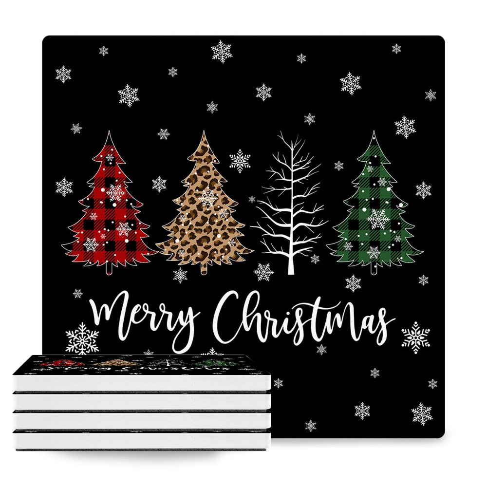 Coasters Set of 4 Ceramic Stone Coasters Drink Coasters - Christmas Leopard Xmas Tree Snowflakes Black Absorbent Non Slip Decorative Coasters for Dining Table Bar Kitchen Table