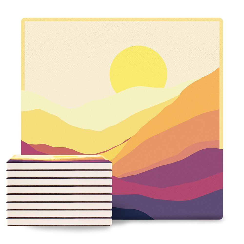 Coasters Set of 8 Ceramic Stone Coasters Drink Coasters - Beautiful Sunset Scenery Yellow Absorbent Non Slip Decorative Coasters for Dining Table Bar Kitchen Table