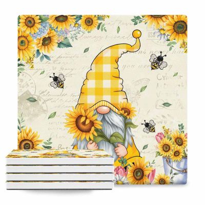Coasters Set of 4 Ceramic Stone Coasters Drink Coasters - Vintage American Country Farmhouse Gnome with Sunflowers Bee Absorbent Non Slip Decorative Coasters for Dining Table Bar Kitchen Table
