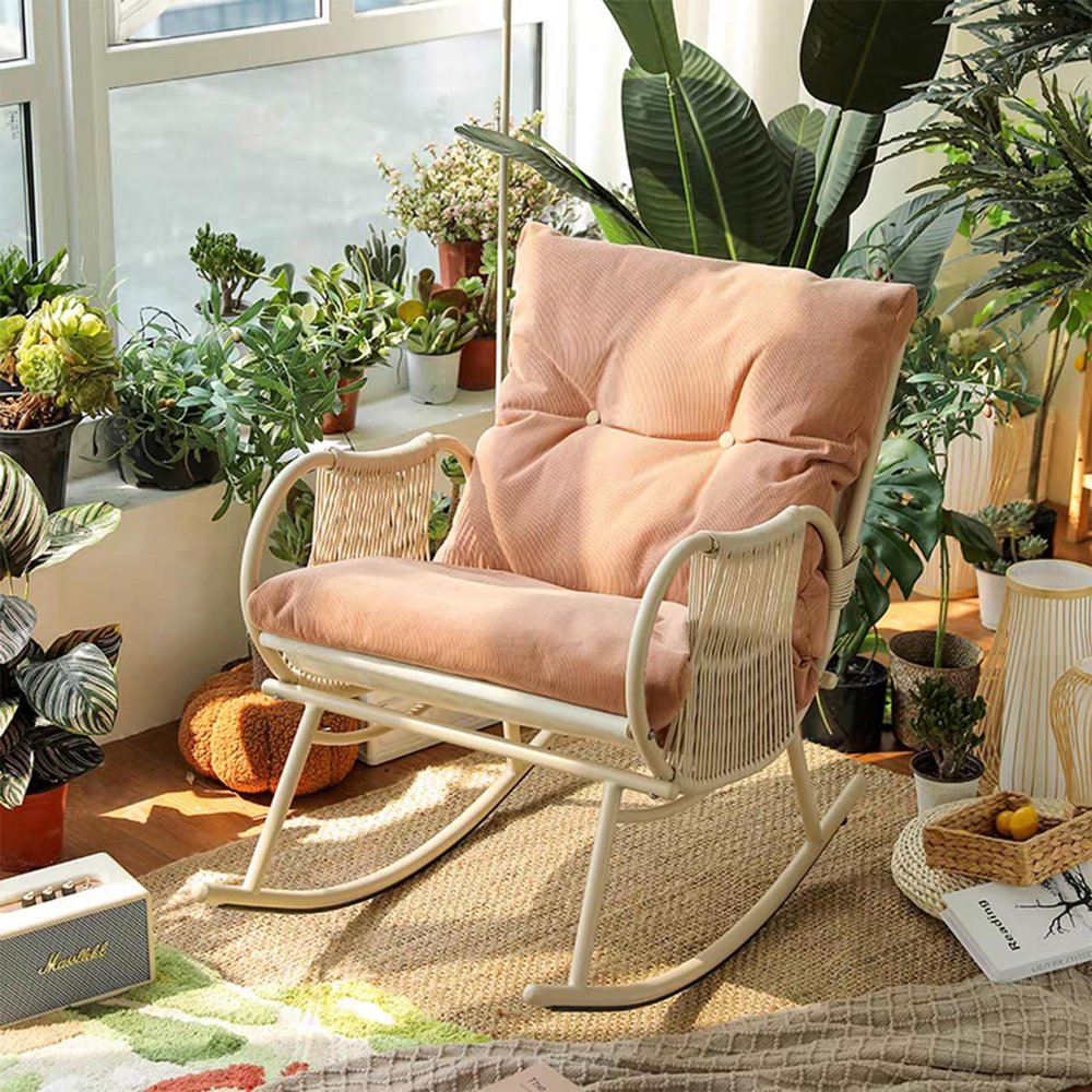 NRNQMTFZ Upholstered Glider Chair with High Backrest,Nursery Rocking Chair Indoor for Living Roomr,Modern Rocking Accent Chairs Comfy Side Chair for Living Room/Bedroom/Nursery(Corduroy Fabric,Pink)