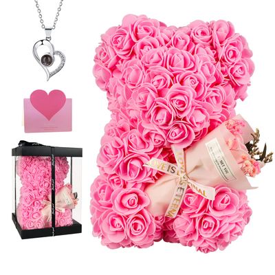 Valentines Day Rose Bear Gift for Women, Flowers Gifts for Mom Wife Grandma Daughter Friends Sister Her,Artificial Flowers Teddy Bear with Bouquet,Greeting Card,Mother's Day Birthday Christmas